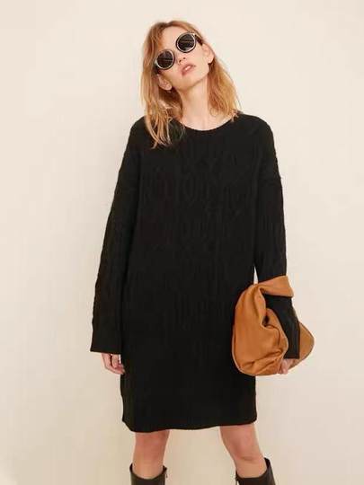High-End Round-Neck 100% Pure Cashmere Sweater Knit Dress for Women, Loose, Thick, Lazy Style, Mid-Length Sweater Dress