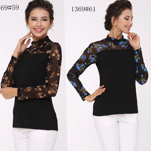 Love to Buy and Dance Jiuyin Ruffled Mesh Bottoming Shirt Mother's Long-Sleeved Slim Fit Inner Mid-Collar Floral Modal Lace