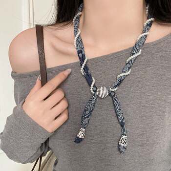 Cashew flower entwined pearl beaded silk scarf necklace women's traditional style pull-up sweater necklace high-end neck accessories