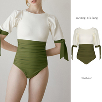 Korean one-piece swimsuit womens belly thin conservative Beach short-sleeved sunscreen hot spring resort swimsuit women