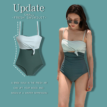 INS one-piece small chest simple shoulders South Koreas new gathered leaky back pork belly thin hot spring beach vacation swimsuit