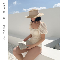 South Koreas new one-piece swimsuit woman covered with slim open back short sleeves brief Bubble Sleeves Seaside Swimsuit Woman