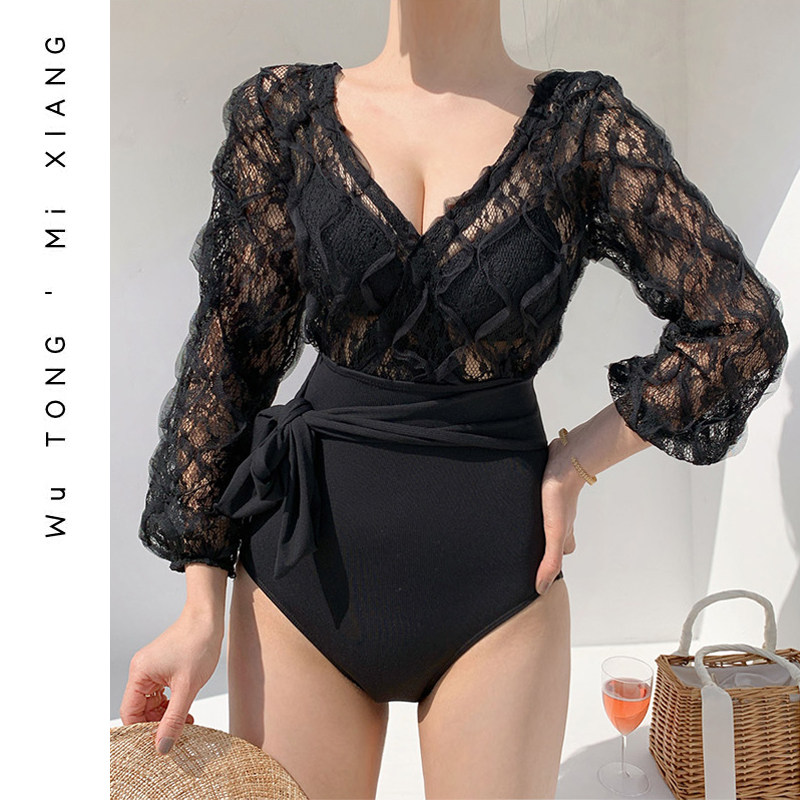 Long-sleeved new one-piece swimsuit women cover belly and show thin backless sexy black lace steel plate gather hot spring swimsuit