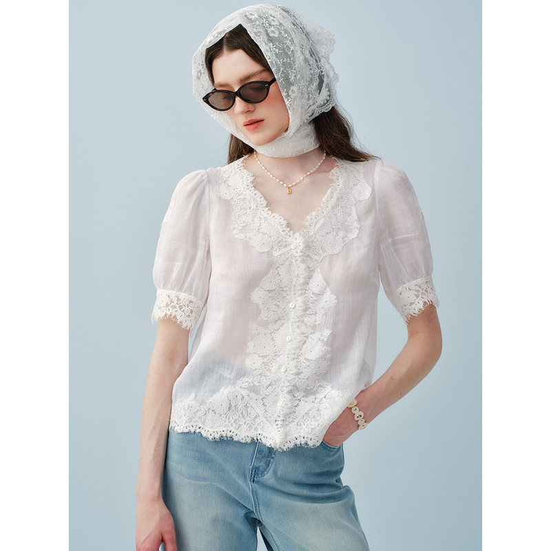 2026 Summer New Style Linen French Eyelash Lace Slimming Shirt Top V-Neck Lace Puff Sleeve Casual Shirt