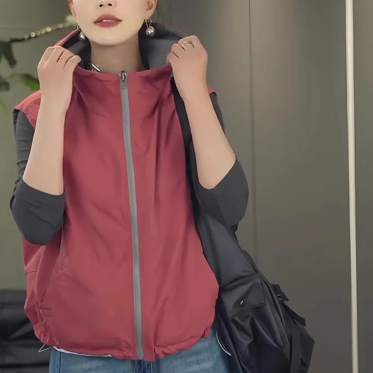 Plus Size Women's Clothing 1.0-150kg Spring and Summer Reversible Hooded Vest Women's Korean Style Fashion Sleeveless Vest Jacket