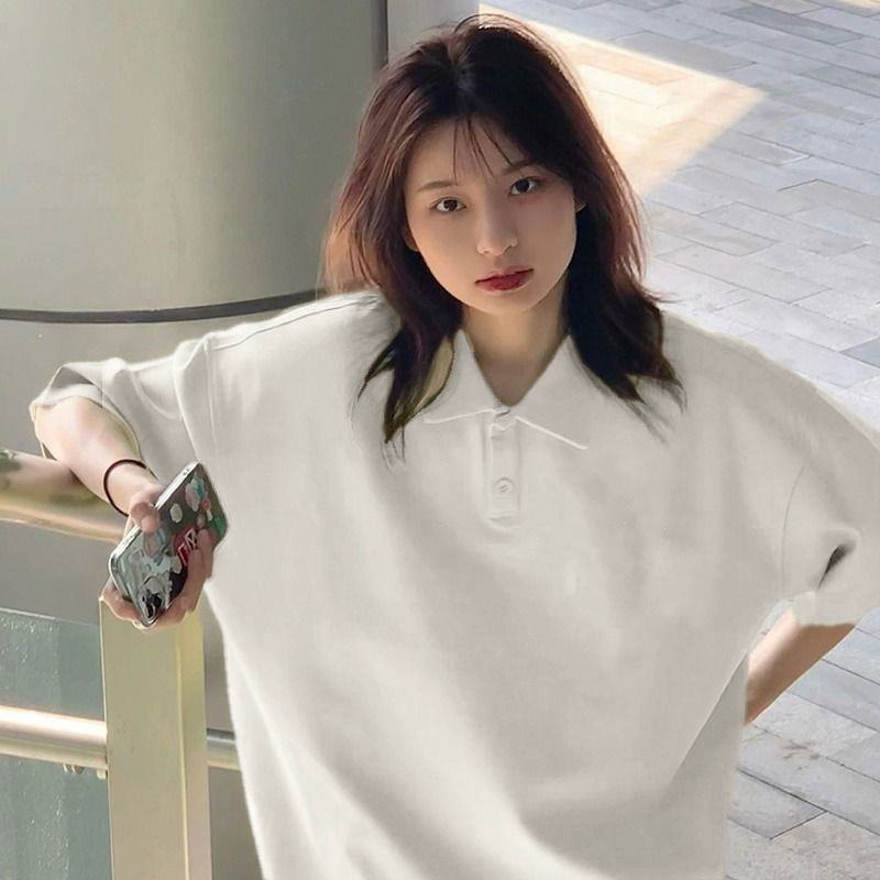 Plus Size 1.0-150kg Pure Color Loose Polo Shirt Top Summer Harajuku Preppy Style Slimming Look White Short-Sleeved T-Shirt for Women Plus Size 1.0-150kg Pure Color Loose Polo Shirt Top Summer Harajuku Preppy Style Slimming Look White Short-Sleeved T-Shirt for Women