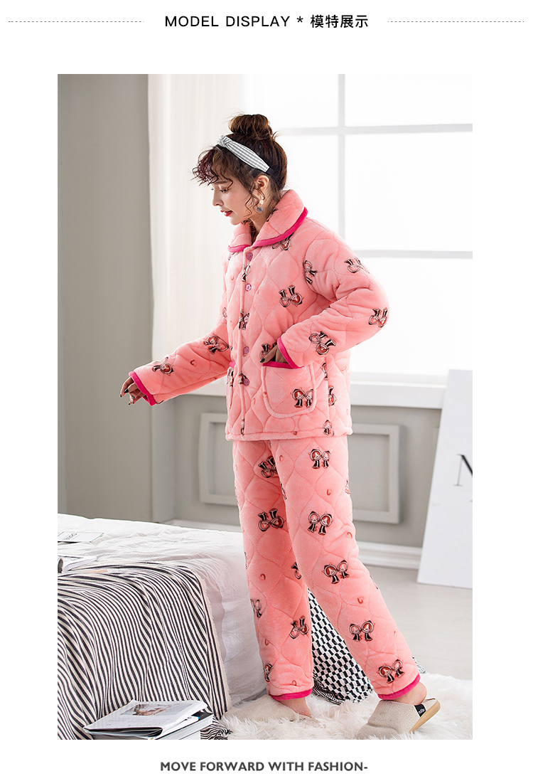 Bộ đồ ngủ của phụ nữ mùa đông dày ba lớp Bộ đồ ngủ bằng vải flannel nhung nhung có thể mặc bên ngoài bộ đồ ngủ mùa đông ấm áp đồ lót