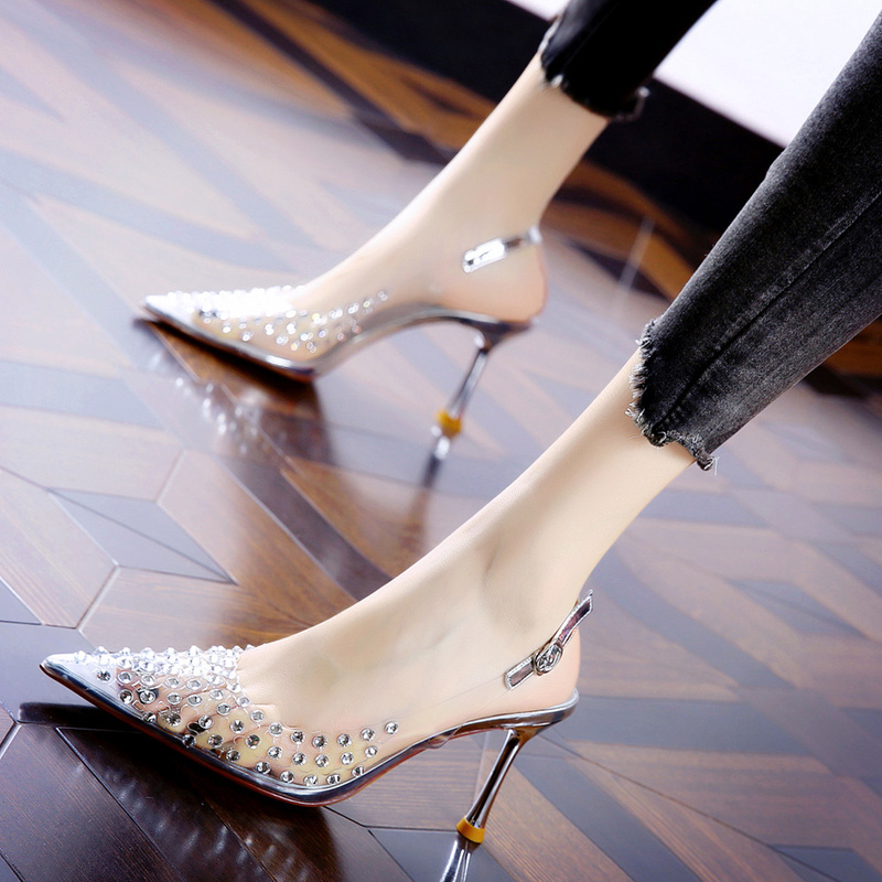 Transparent Hollow Rhinestone Pointed High Heels Women's 2026 Spring Sandals New Design Open-Back Stiletto Shoes