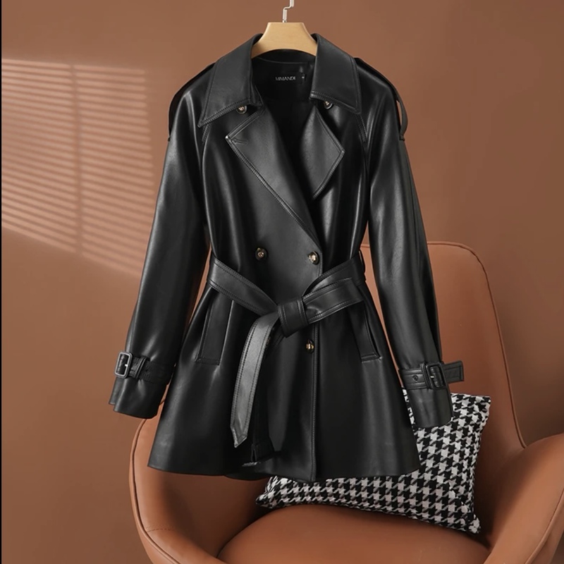 [Exclusive to Da Huan Huan] Women's Mid-Length Black Leather Trench Coat, Stylish New Style, High-End Sheepskin Feel