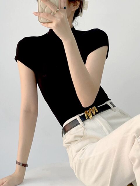 French half turtleneck Tencel knitted flying sleeve top women's summer thin raglan sleeve black pullover T-shirt