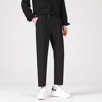 Mens spring and summer trendy trousers high-end drape handsome elastic waistband loose straight black casual nine-point pants
