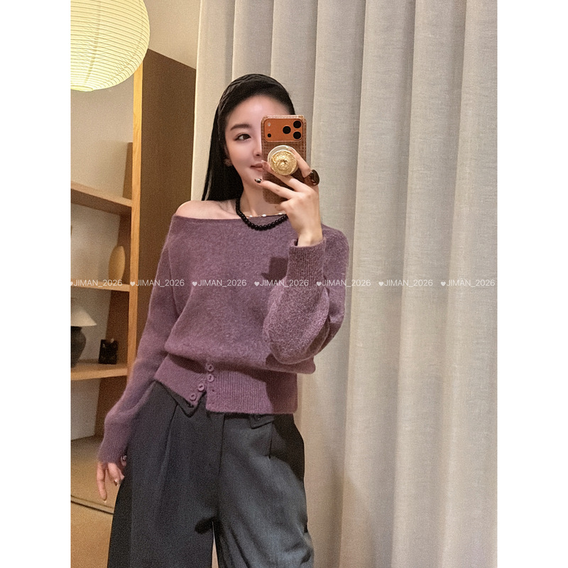 【Ji Man】Korean Style Two-Tone Off-Shoulder Convertible Waist-Cinching Lazy-Style Thick Pullover Sweater 3305