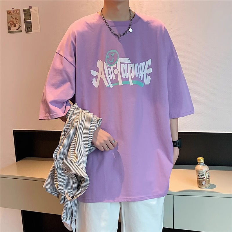 Heavyweight Pure Cotton Hong Kong Style Printed Purple Short-Sleeve T-Shirt for Male Students, Summer Men's Loose Trendy Fashion Top