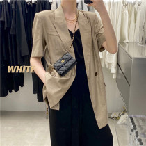 White double-breasted lapel retro short sleeve linen suit Hong Kong style profile shoulder pad suit casual jacket female summer