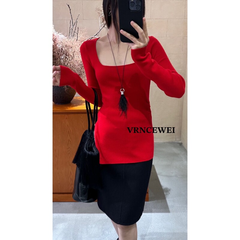 Official Store Vrncewei Wei Jie's Side-Slit, Diagonal-Edge, Square-Neck, Long-Sleeve Knit Sweater with a Cinched Waist and Large Collar, Suitable for Layering