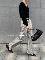 White autumn gray retro washed denim straight pants street casual high waist wide leg pants women