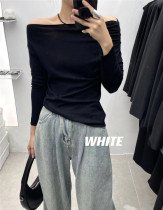 WHITE temperament ice silk pullover one word collar off-the-shoulder knitted sweater design sense slim long-sleeved sweater top female autumn