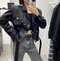 2021 autumn white harbor motorcycle double-breasted lapel short leather casual PU leather jacket coat female