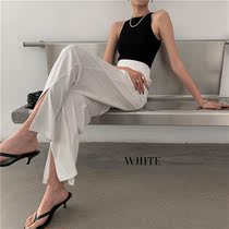 white high waist side split white straight casual pants Cotton Press elastic waist wide legs long pants women Autumn