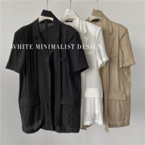 2021 summer new white design feel cotton linen lace thin dress collar short sleeve shirt suit women