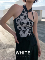 white Chinese-style color-block jacquard mesh vest Feminine hollow strapless national style sleeveless top hanging neck suspenders