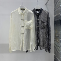 2022 Summer WHITE Chinese Style Thin Long-sleeved Sunscreen Shirt Retro National Style Perspective Lapel Loose Shirt Women