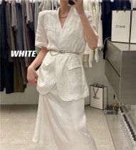 2021 summer white collarless solid color cotton linen short sleeve suit casual thin buckle suit jacket women