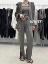 WHITE Threaded Casual Hooded Zipper Sweat Sling Strap Straight Pants Casual Three-Piece Set Women