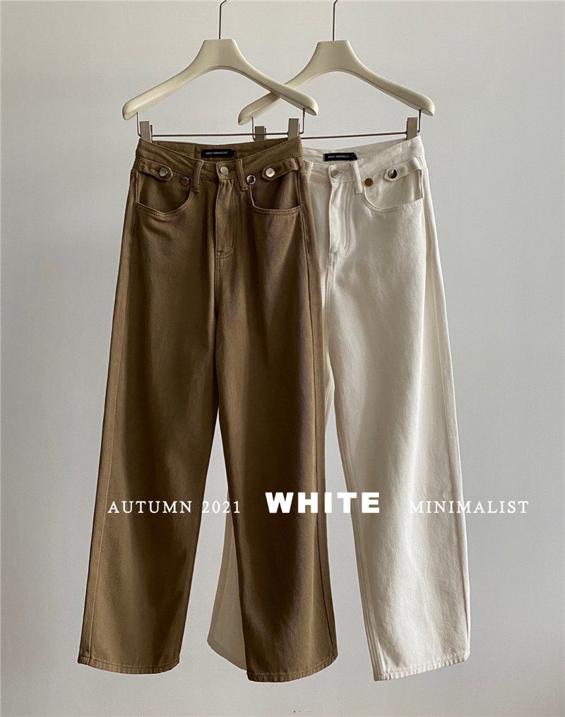 2021 fall new white casual retro straight barrel jeans with slim and high waist and long pants woman