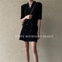 White Skinny Double-breasted Suit Skirt High Waist Hepburn Wind Small Black Dress Temperament Lapel Suit Dress Female