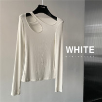 2022 autumn WHITE feminine hollow round neck long-sleeved t-shirt top strapless threaded cotton elastic slim bottoming shirt
