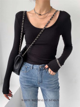 white big collar short tight long sleeve T-shirt 2021 spring wild solid color thread elastic slim fit female