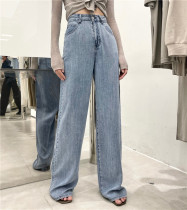 WHITE thin cotton denim straight pants slim draping pants wide legs soft waxy casual pants female summer