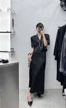 White Chinese-style printed short-sleeved suit skirt suit retro satin small suit long skirt two-piece female summer