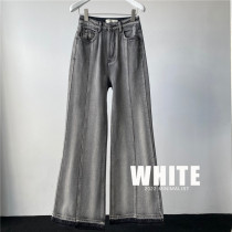 2022 Early Autumn WHITE Raw Edge Lace-Up Pressed Jeans Slim Straight-through Casual Pants Tall Long-legged Pants Women