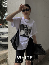 White casual printing loose side split T-shirt female Hong Kong graffiti cotton short sleeve round neck jacket autumn
