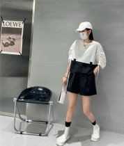 LILY fashion suit personality drawstring short-sleeved stitching shirt straight suit shorts two-piece suit female summer