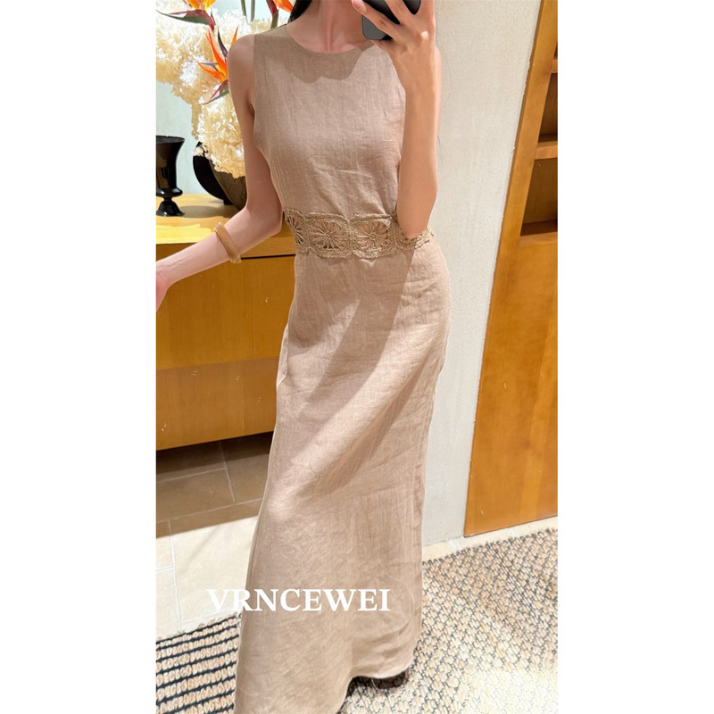 Official Store Vrncewei Wei Jie's Hollow-Out Backless Waist-Cinching Tank Dress, Lace-Up Slim-Fit Sleeveless Dress for Women, Summer