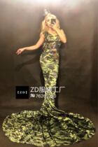 TT high-end August 1st Army Day camouflage trailing long skirt crown nightclub bar sexy costume