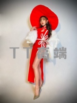 TT high-end big hat sexy leaky back long red cheongsam nightclub GOGO dance costumes