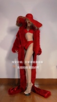 TT High-end Night Bar Singer DJDs Dance Team Gogo Red Fur Long Stripe Cover Bikini Suite