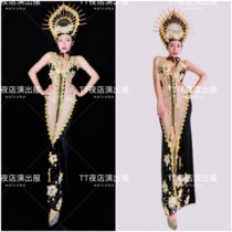 TT nightclub bar singer djds dance team gogo pearl low-cut chain front split dress costume
