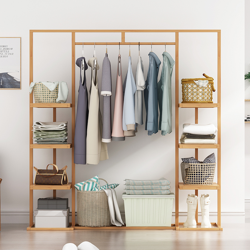 Bamboo Yahui Simple Coat Rack Coat Rack Living Room Double Rod Hanger Storage Layer Rack Bamboo Floor Bedroom Clothes Rack