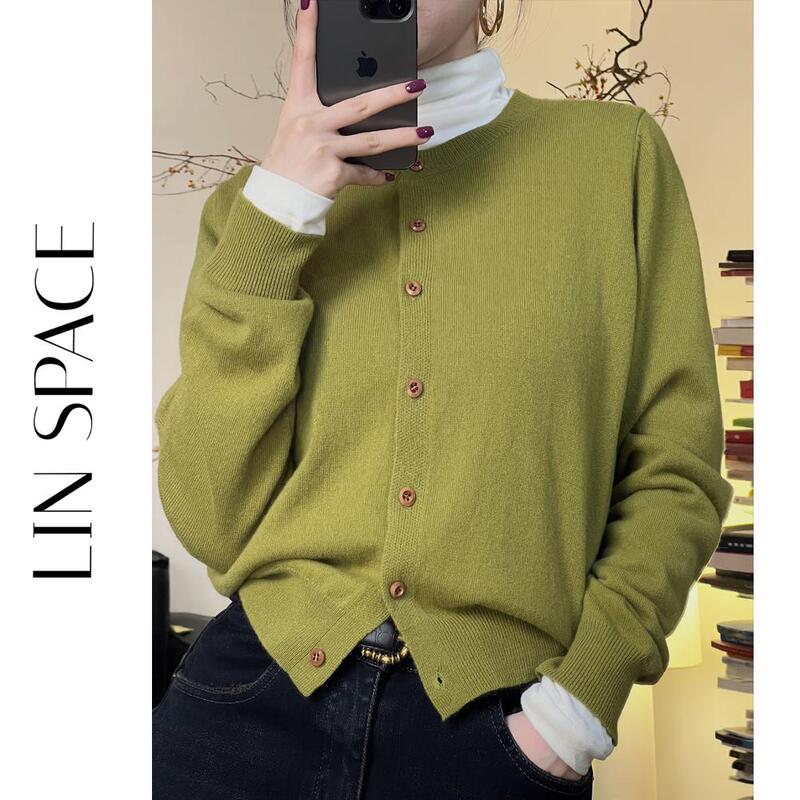 Chen Chenlin [Mustard] All-Wool Knitted Cardigan for Women, Mustard Green, Stylish Short Round Neck Sweater