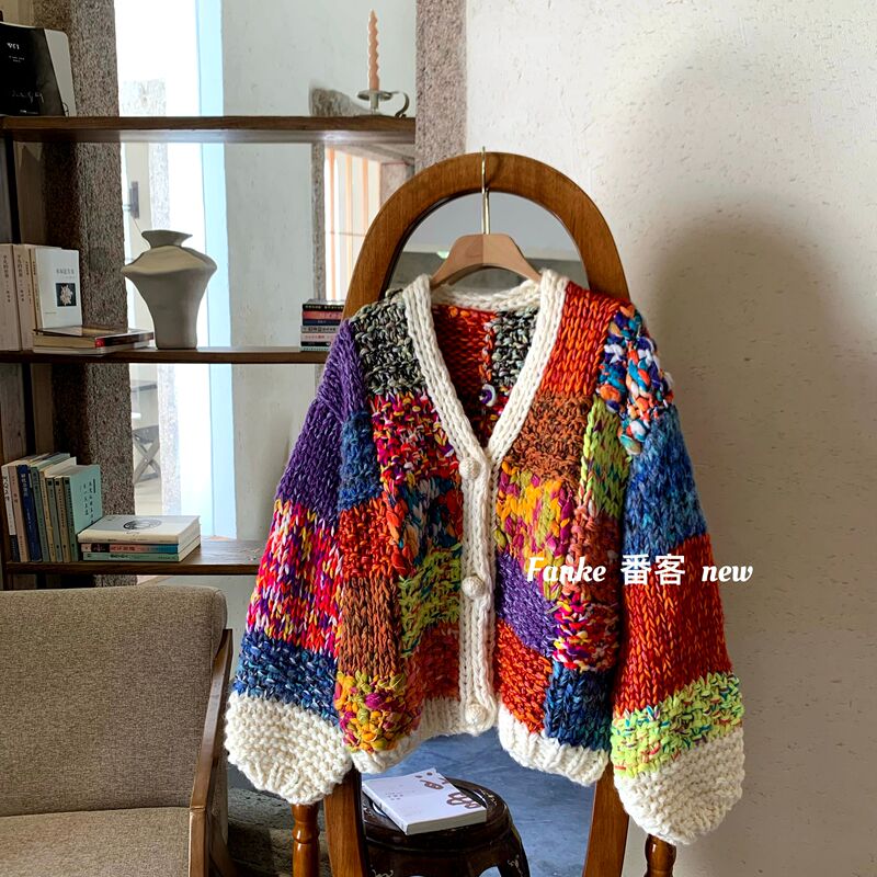 Heavy Industry Pure Handmade Thick Stick Needle Colorfulful Plaid Sweater Cardigan Women's Autumn and Winter 2025 New Cardigan Knitted Women's Outwear