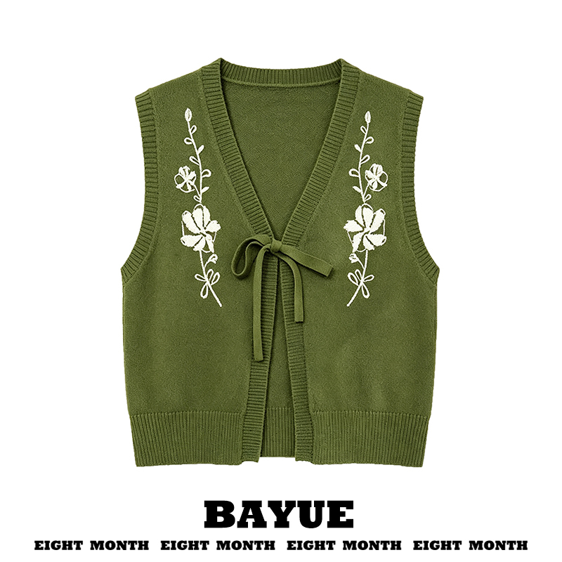 Green Embroidered Knitted Vest for Women, Spring and Autumn Outerwear, Tie-Up V-Neck, Retro Layered Sleeveless Sweater Vest Green Embroidered Knitted Vest for Women, Spring and Autumn Outerwear, Tie-Up V-Neck, Retro Layered Sleeveless Sweater Vest