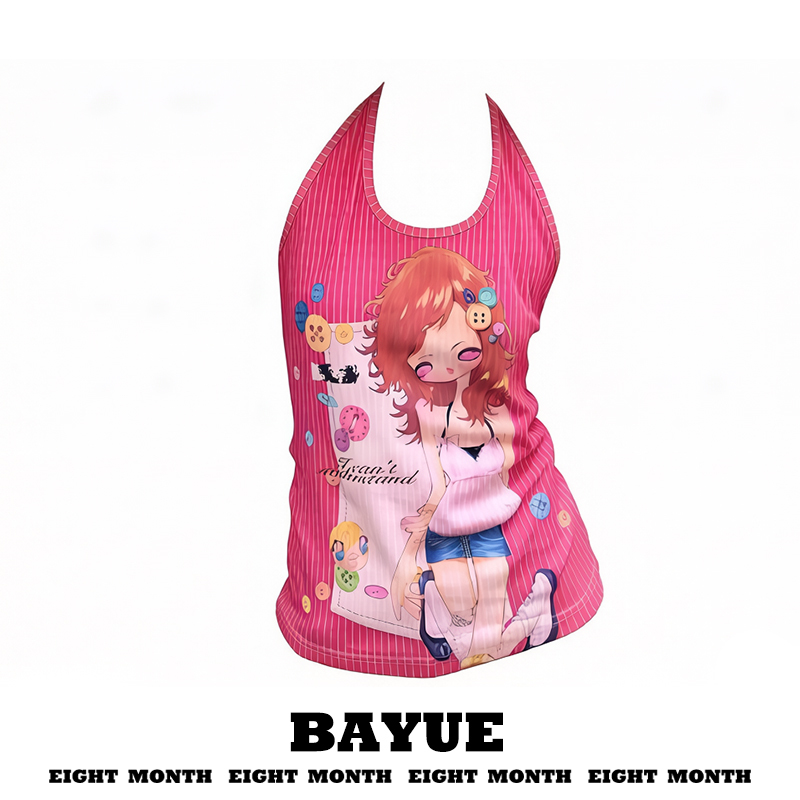 Rose Red Striped Halter Neck Camisole for Women, Summer Off-Shoulder Sleeveless Crop Top with Y2K Hot Girl Comic Print