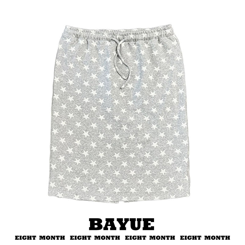 Gray Star Pattern All-Over Printed Skirt for Women, Summer Style, Cute Drawstring Elastic Waist, Loose and Versatile Knee-Length Skirt