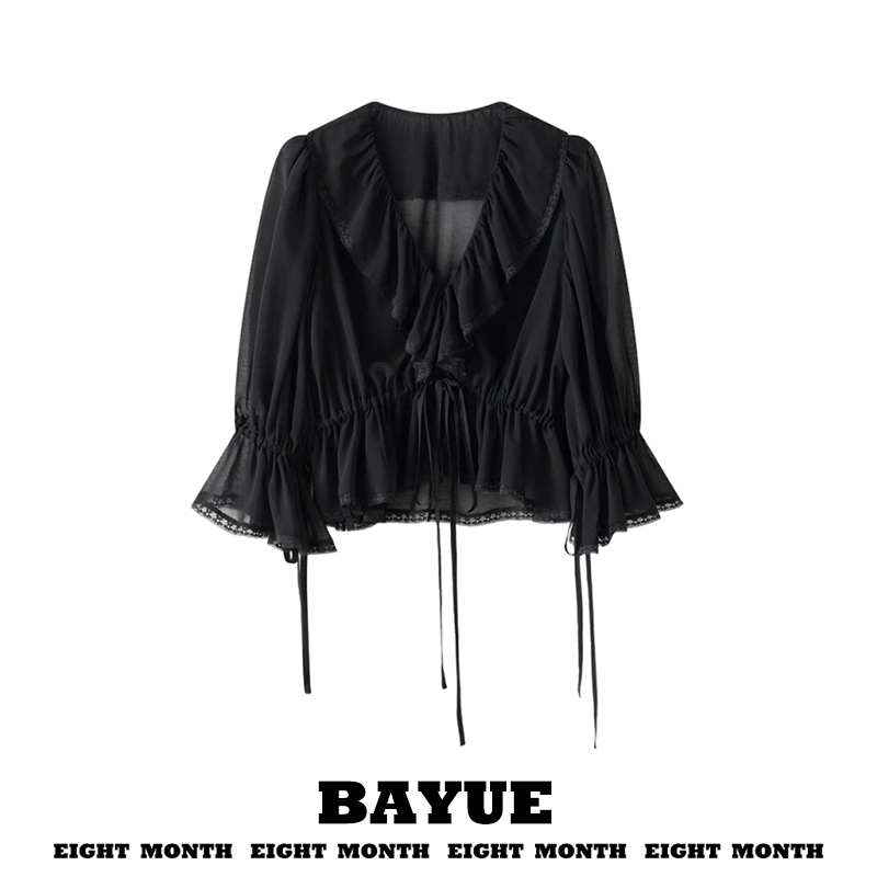 Black Chiffon Three-Quarter Sleeve Shirt for Women, French-Style Lazy Vibe, Lace-Up Waist, Lace Ruffle V-Neck Top