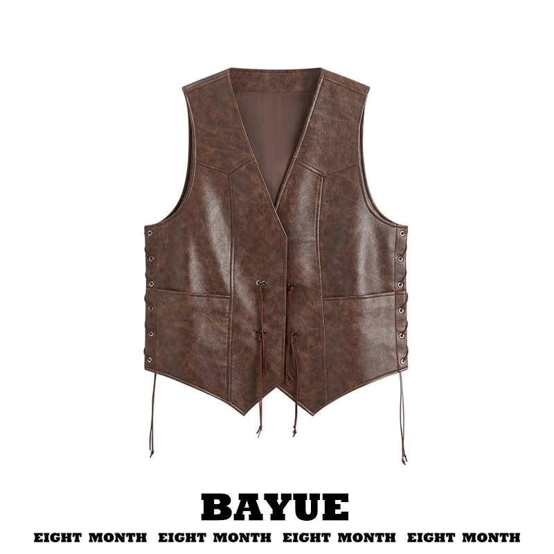 Vintage-Style Pu Leather Vest for Women, Autumn Outerwear with Lace-Up V-Neck, Layered Wear with Pointed Hem, Small Vest